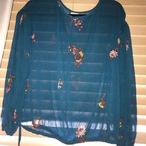 Teal Floral sheer blouse